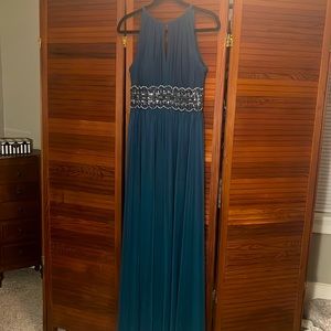 R & M Richards teal maxi dress beaded waist keyhole halter neckline